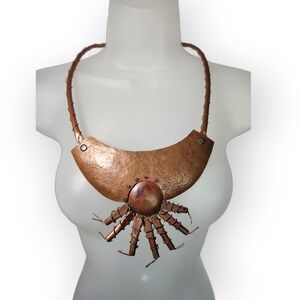 BOLD Brutalist Artisan Copper Statement Necklace Octopus Spider Design Handmade
